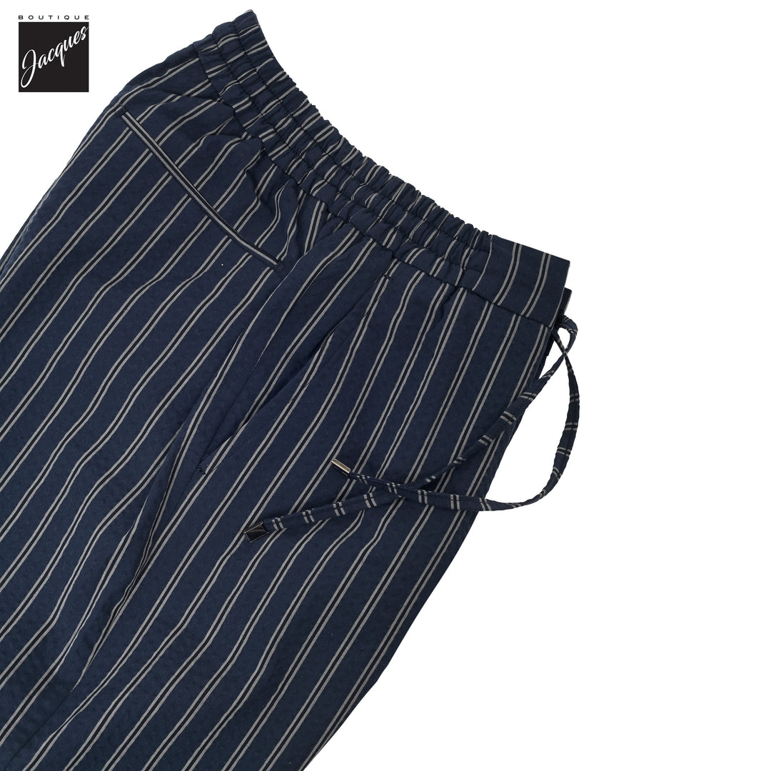 Navy Striped Seersucker Cotton Bermuda Shorts with Drawstrings - Berwich