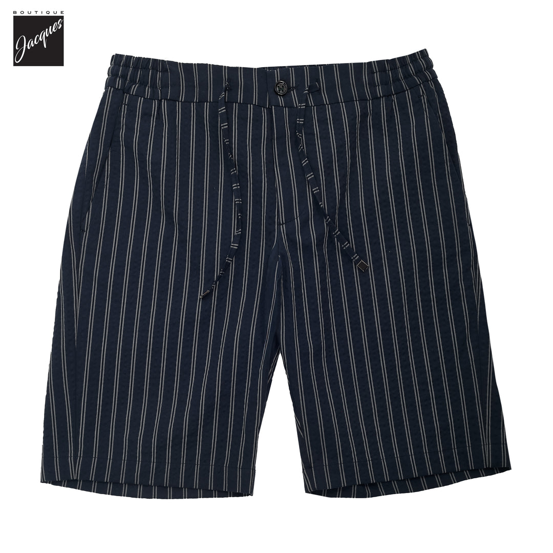 Navy Striped Seersucker Cotton Bermuda Shorts with Drawstrings - Berwich