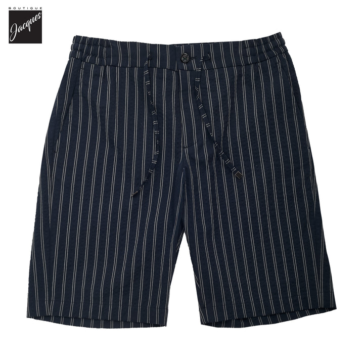 Navy Striped Seersucker Cotton Bermuda Shorts with Drawstrings - Berwich