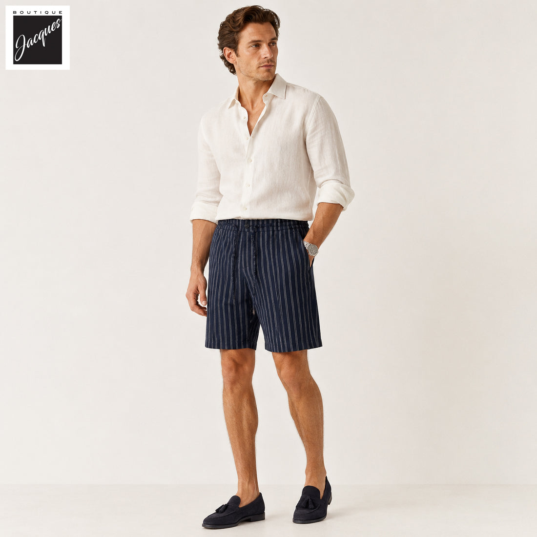Navy Striped Seersucker Cotton Bermuda Shorts with Drawstrings - Berwich