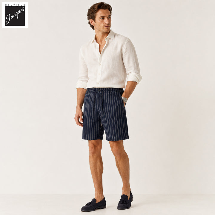 Navy Striped Seersucker Cotton Bermuda Shorts with Drawstrings - Berwich
