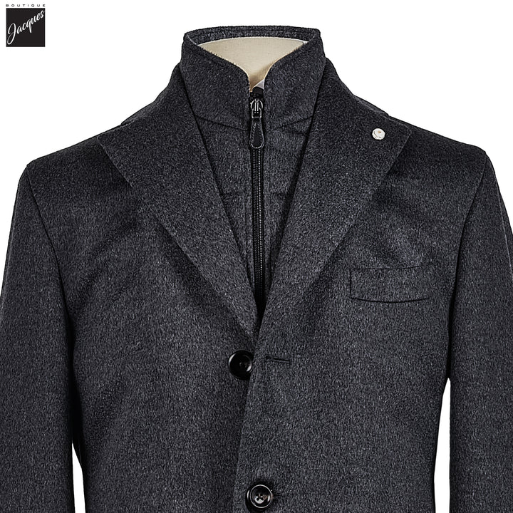 Charcoal Gray Wool Cashmere Colombo Thermo HydroTech Overcoat - Luigi Bianchi Mantova