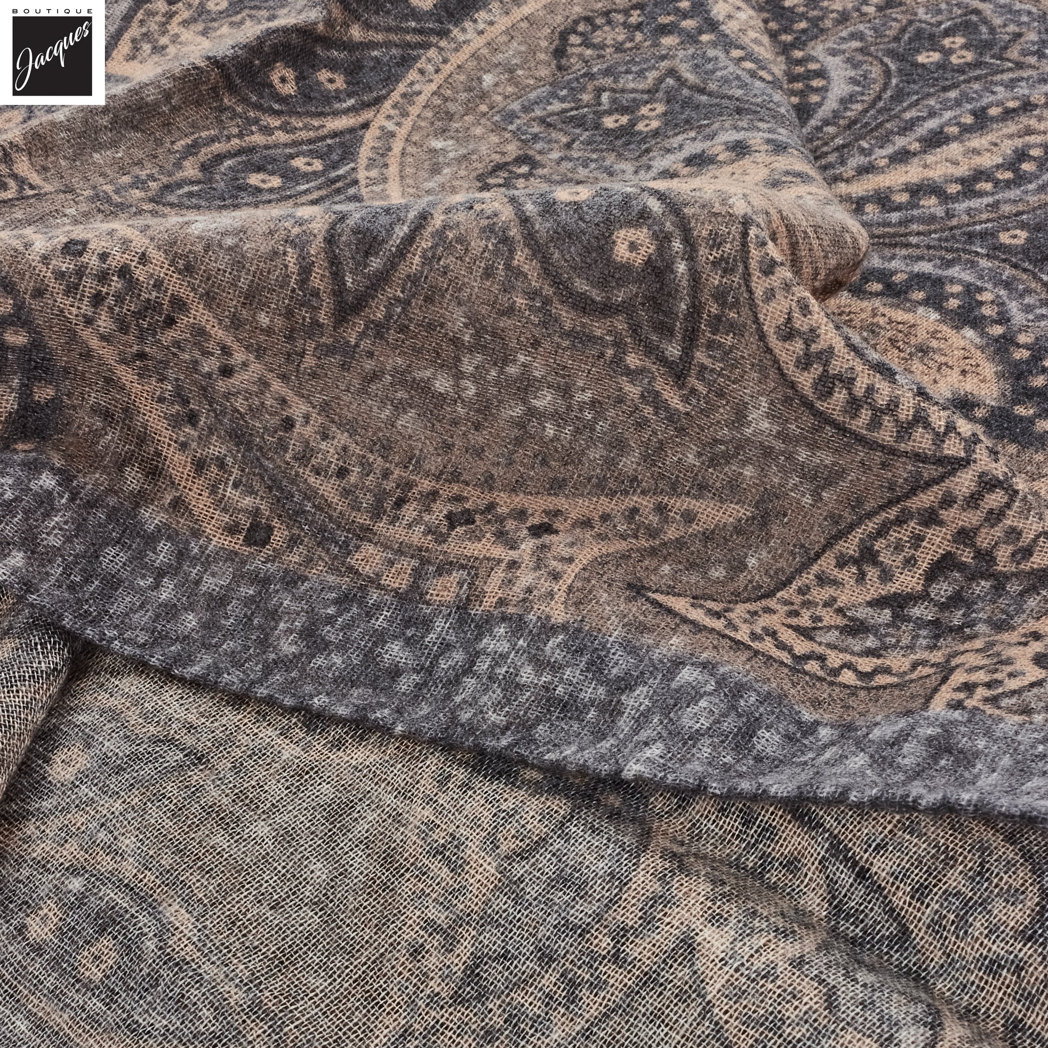 Gray & Beige Paisley Patterned Wool-Silk Scarf - Paolo Albizzati