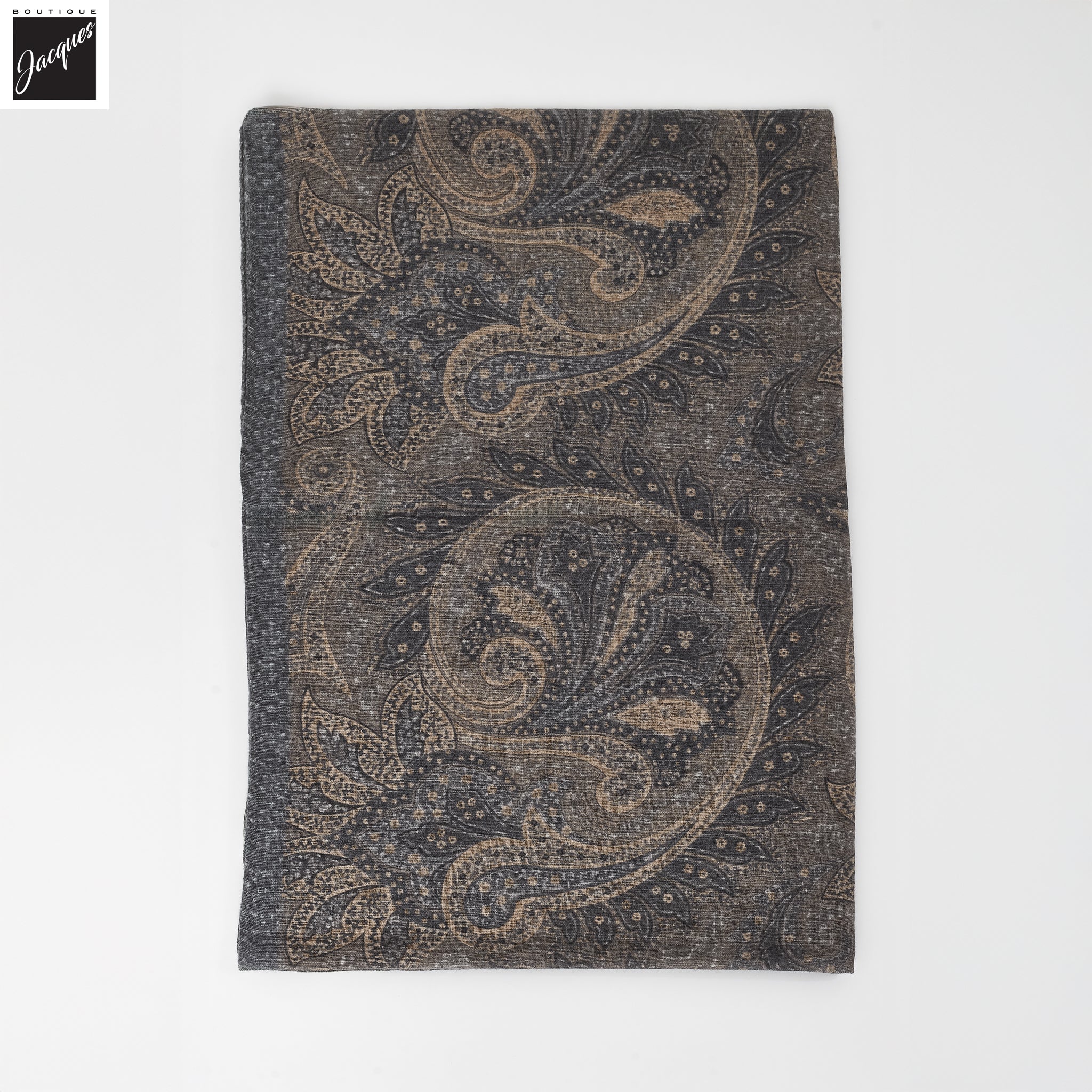 Gray & Beige Paisley Patterned Wool-Silk Scarf - Paolo Albizzati