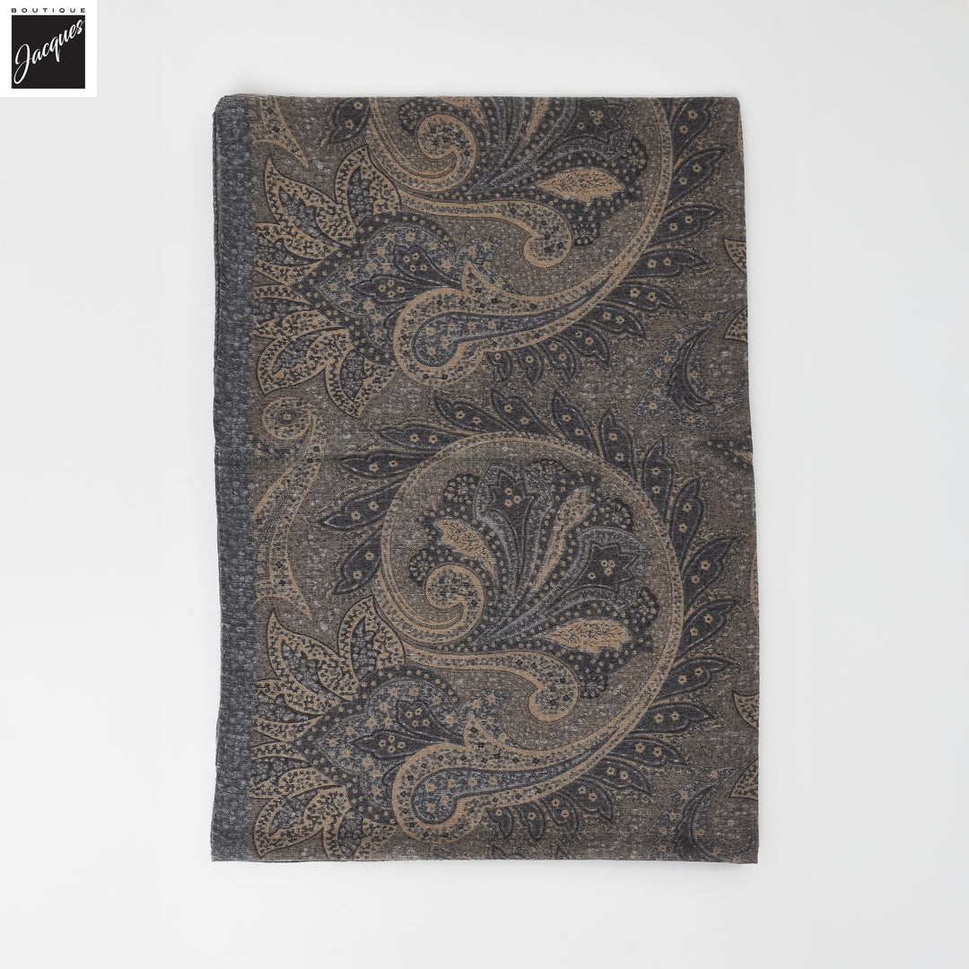 Gray & Beige Paisley Patterned Wool-Silk Scarf - Paolo Albizzati