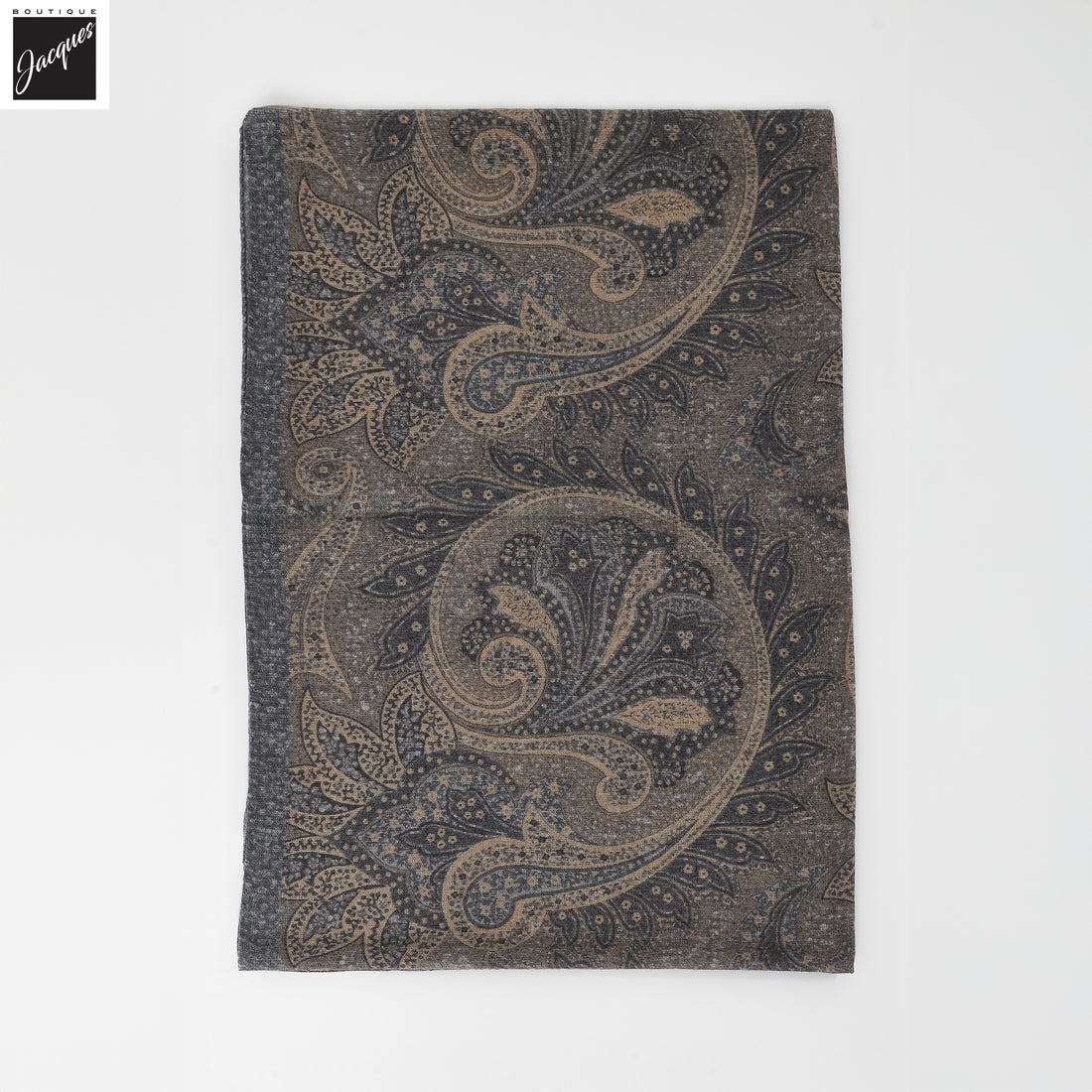 Gray & Beige Paisley Patterned Wool-Silk Scarf - Paolo Albizzati