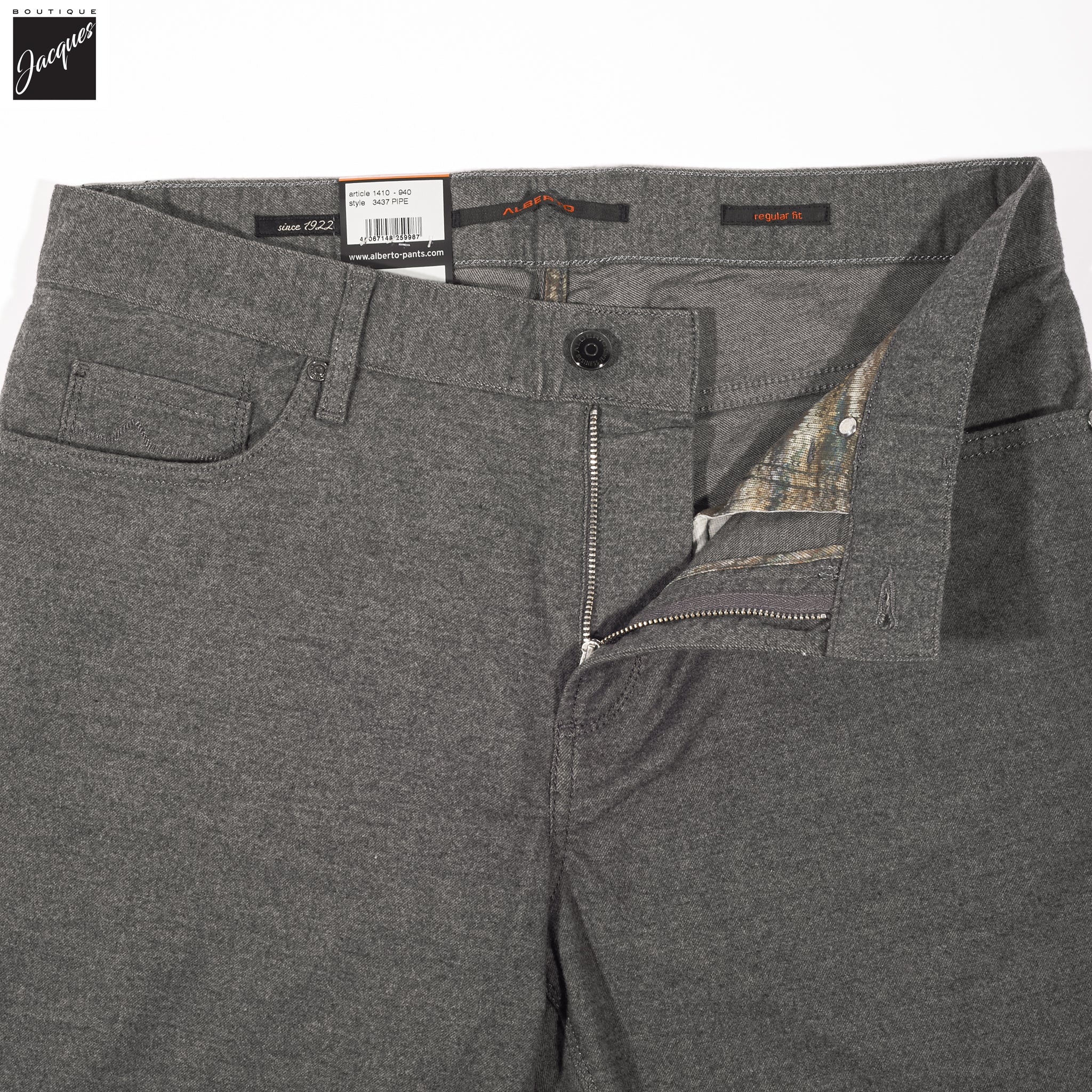 Charcoal Mélange Wool-Look Cotton Stretch Pipe Five Pocket Pants - ALBERTO - Boutique Jacques International