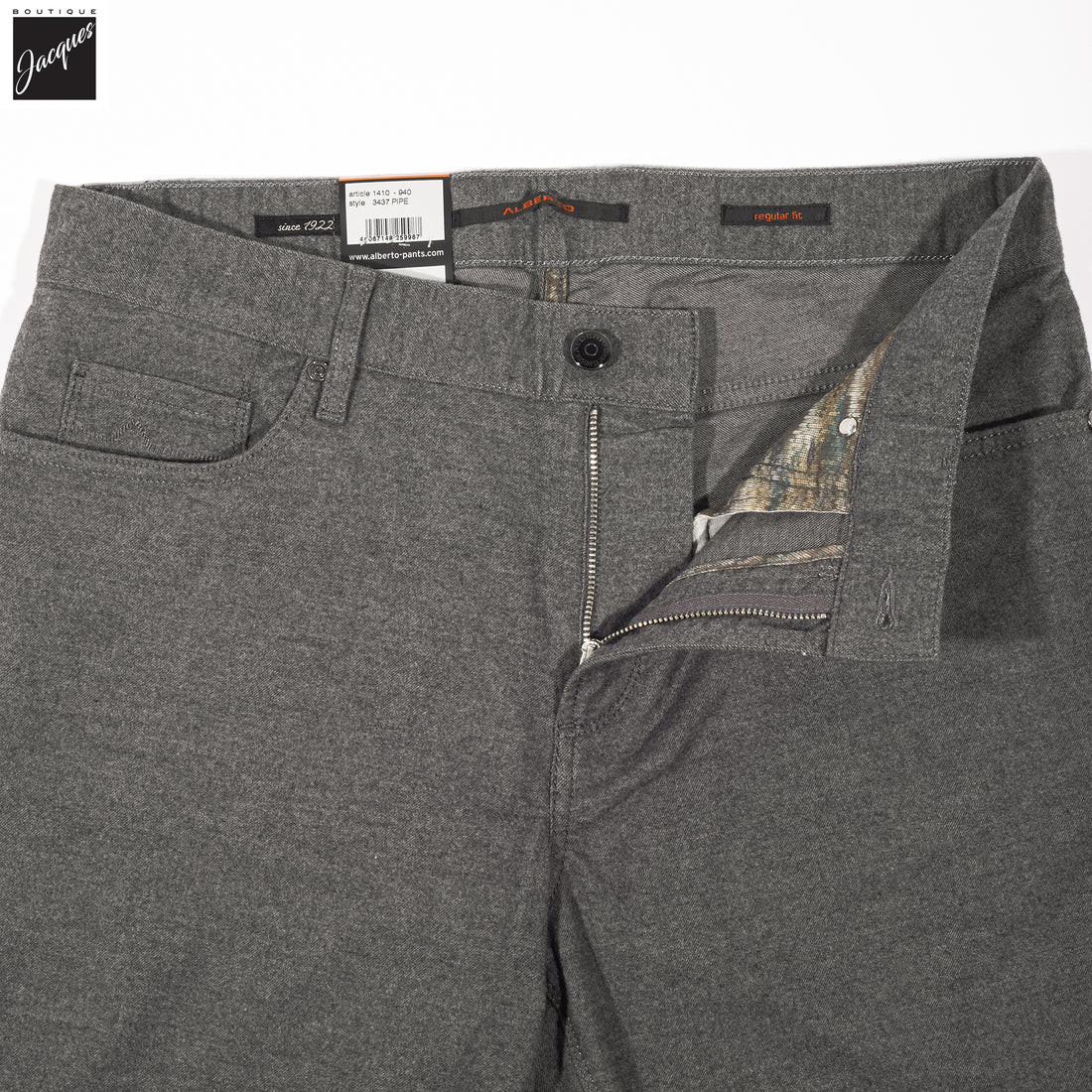 Charcoal Mélange Wool-Look Cotton Stretch Pipe Five Pocket Pants - ALBERTO - Boutique Jacques International