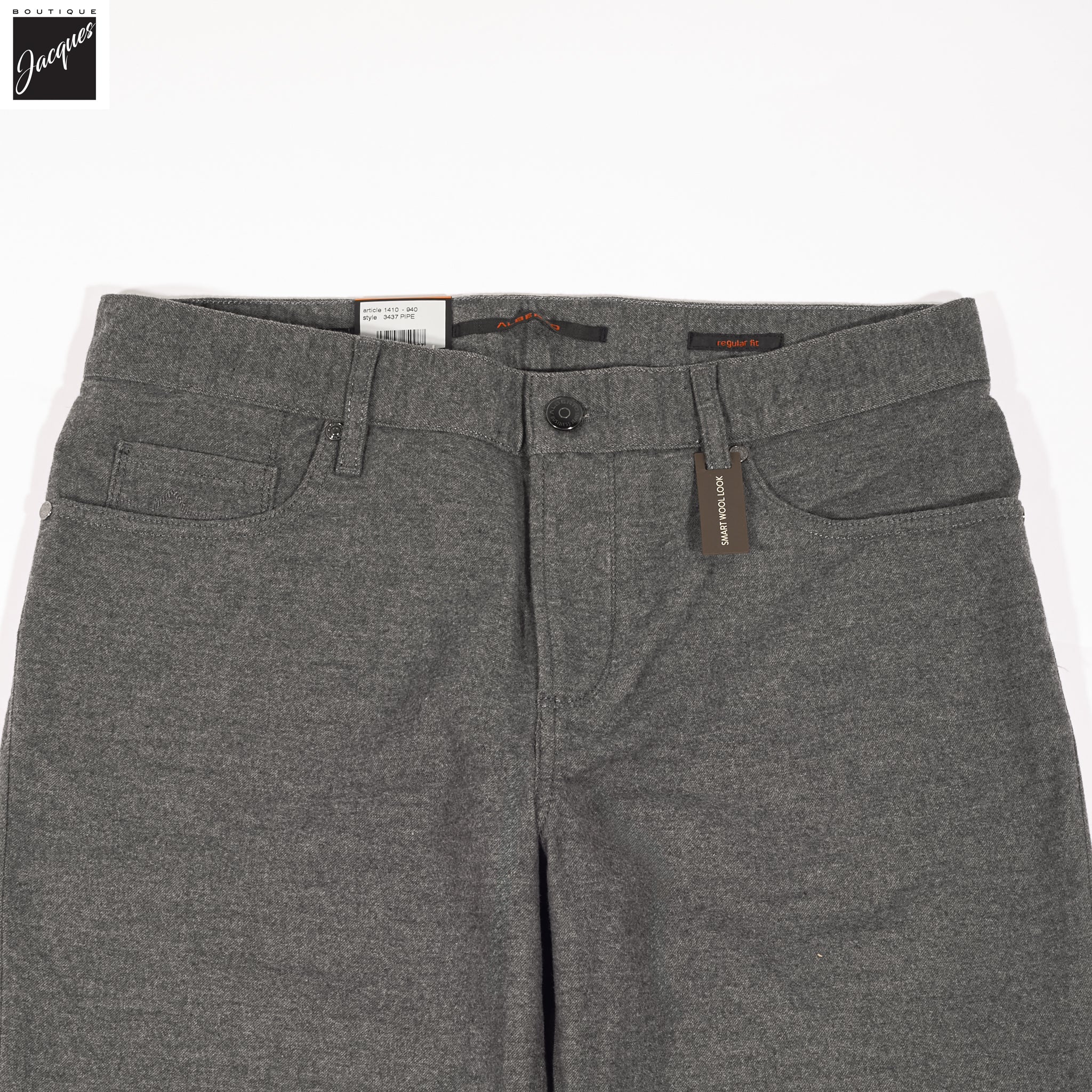 Charcoal Mélange Wool-Look Cotton Stretch Pipe Five Pocket Pants - ALBERTO - Boutique Jacques International
