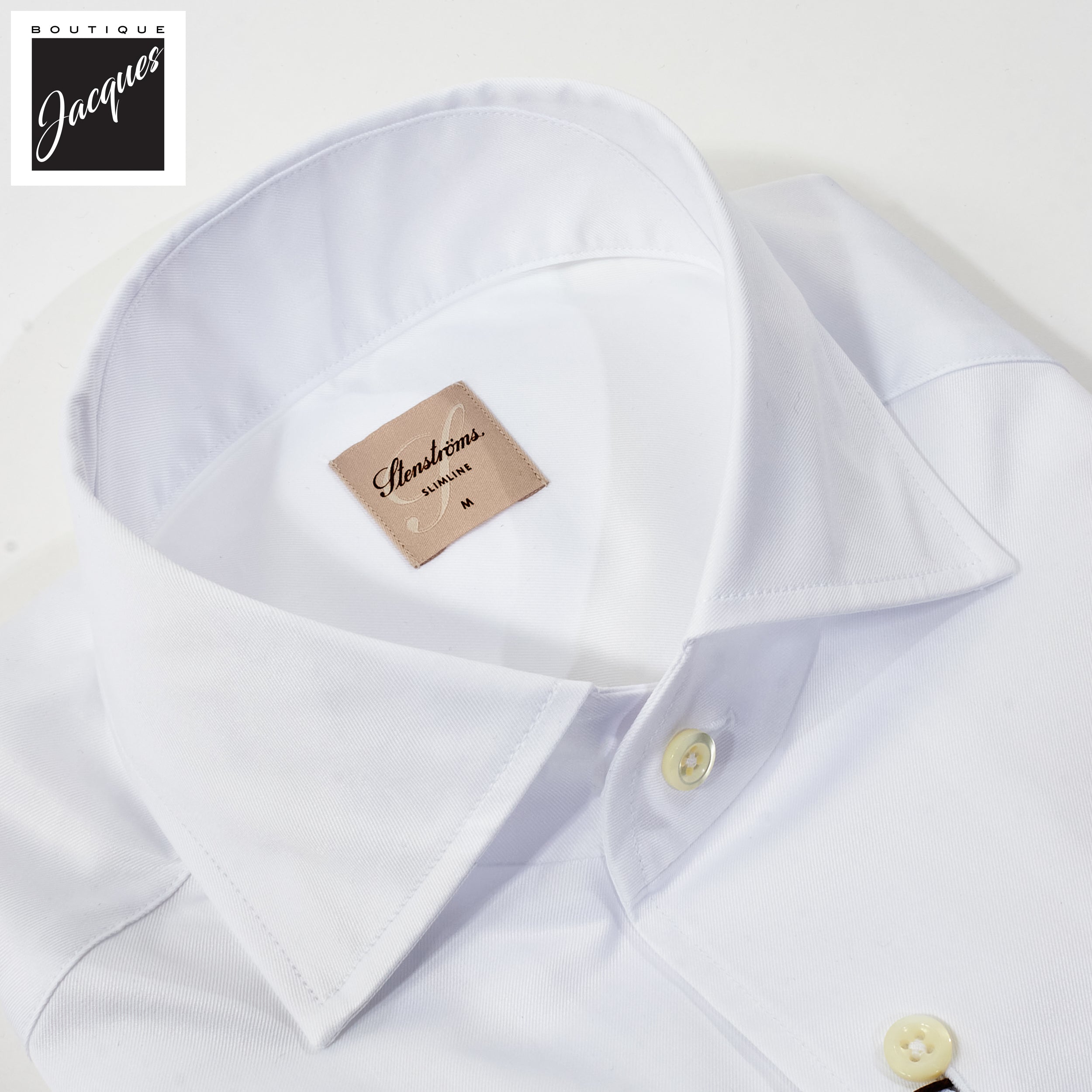 White One-Piece Collar Cotton Twill Slimline Casual Shirt - Stenströms