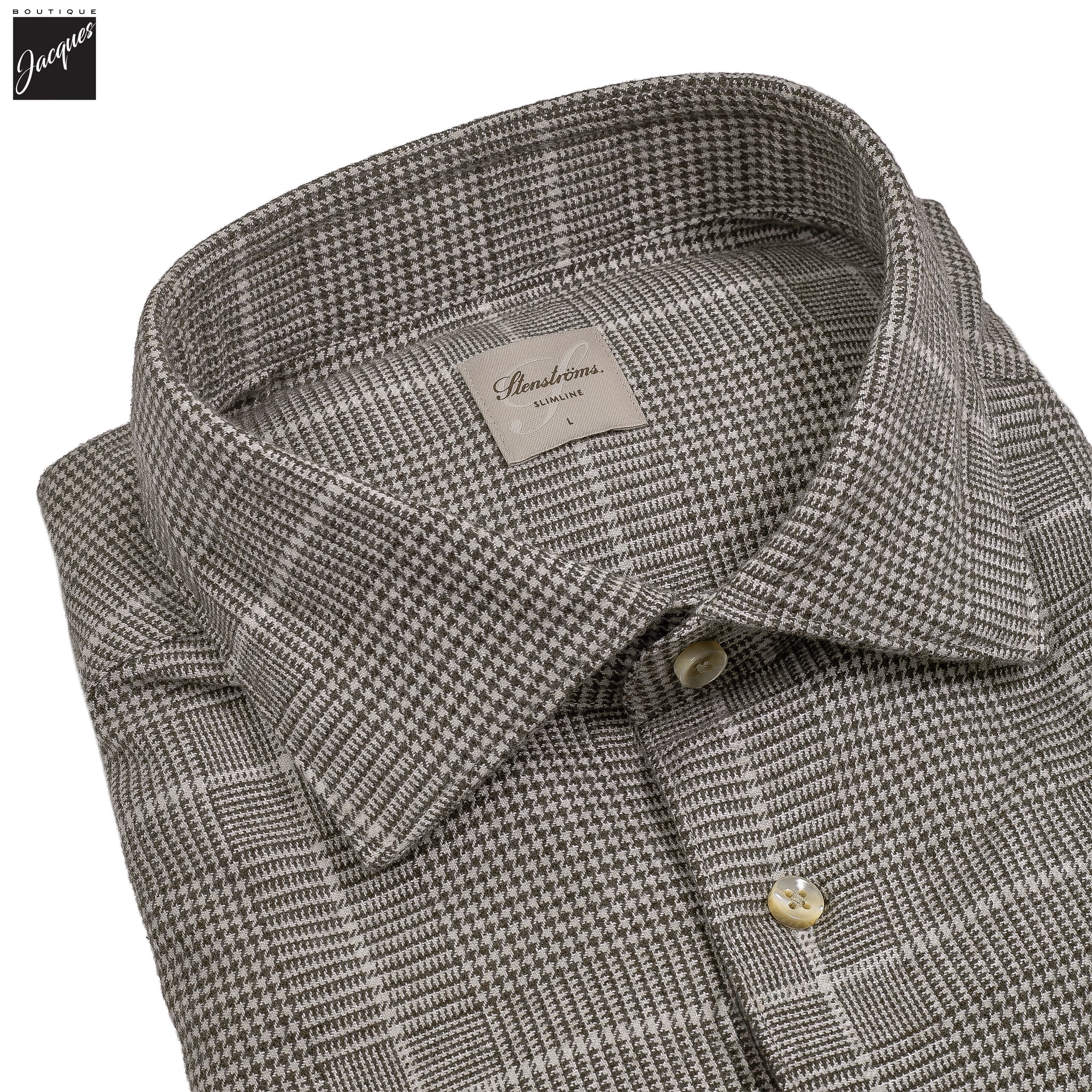 Brown Prince-of-Wales Cotton Flannel Slimline Shirt - Stenströms
