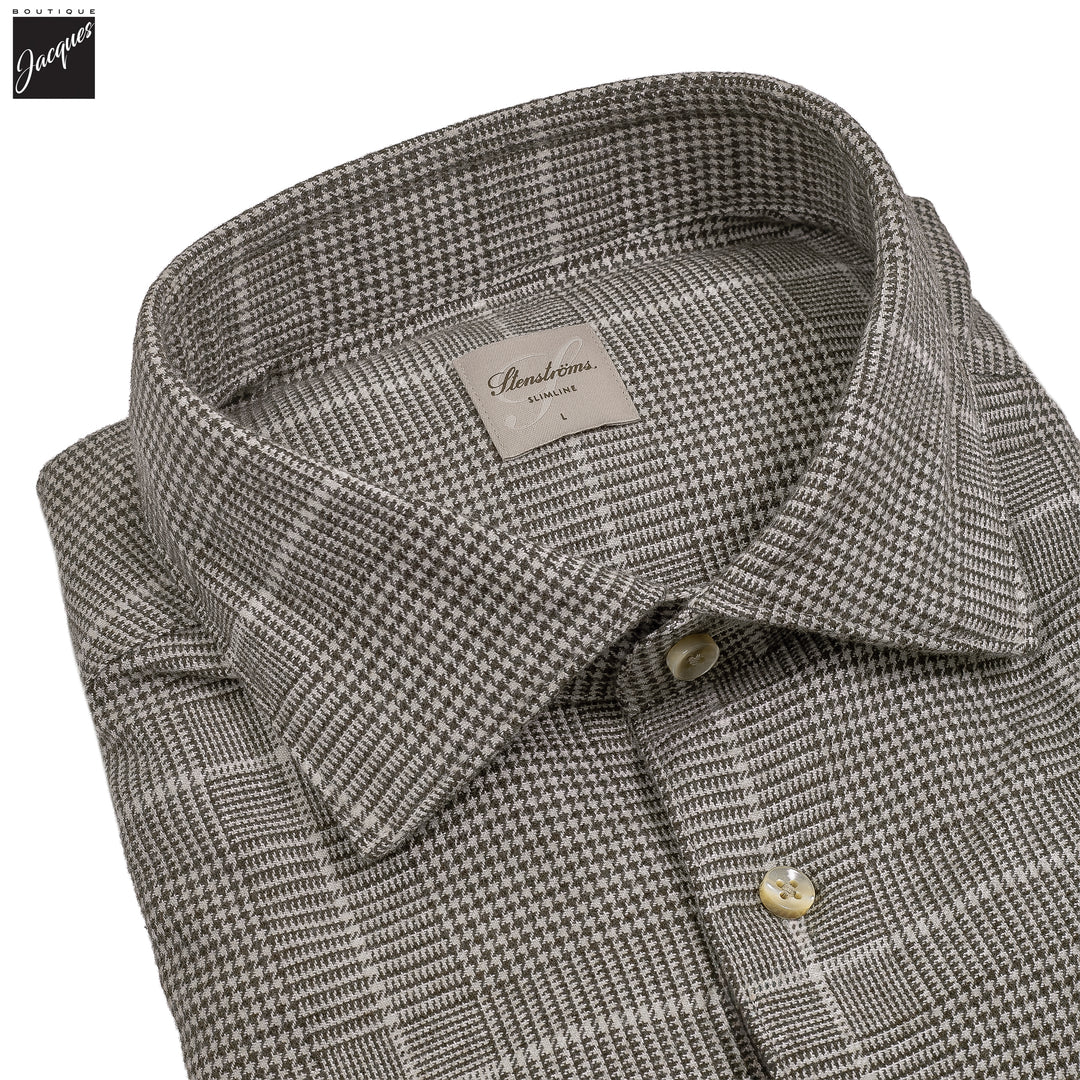 Brown Prince-of-Wales Cotton Flannel Slimline Shirt - Stenströms