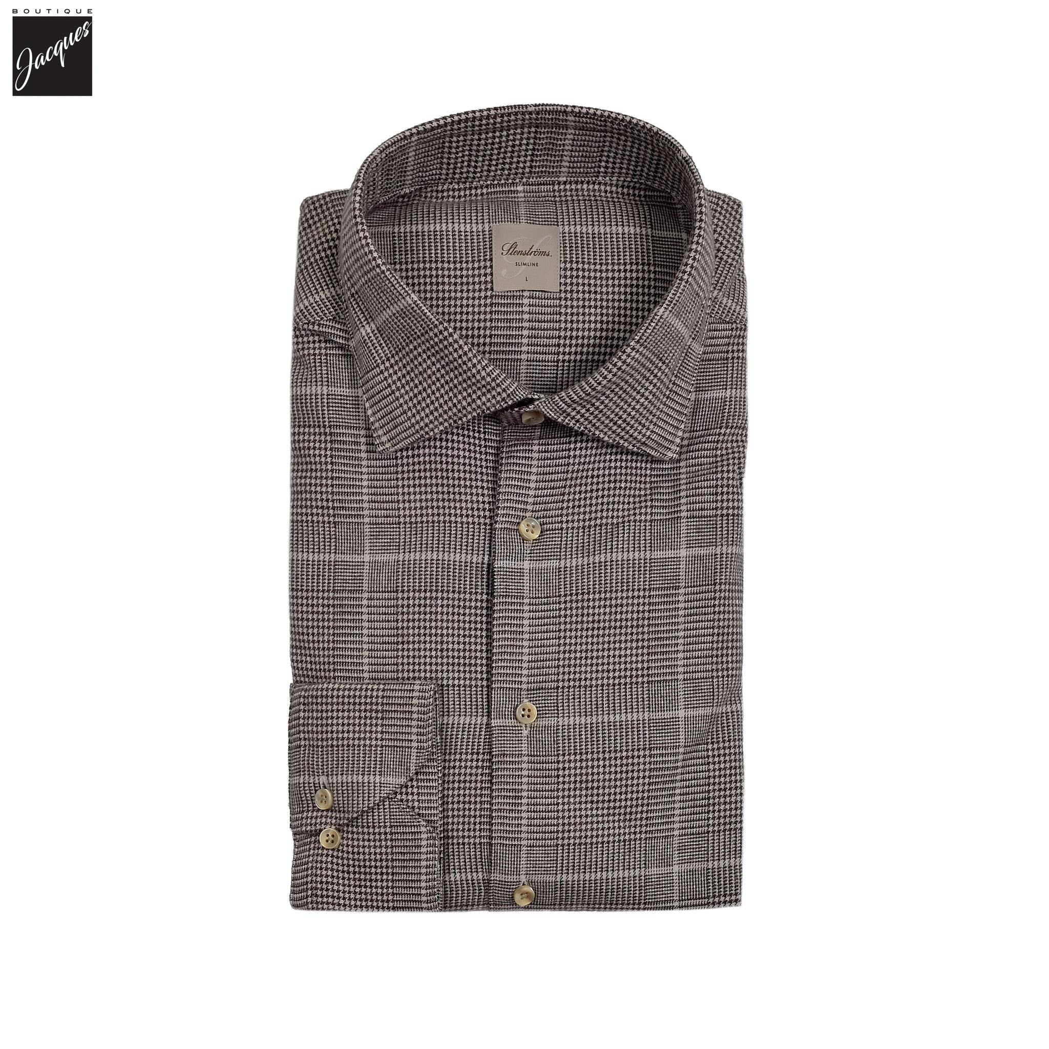 Brown Prince-of-Wales Cotton Flannel Slimline Shirt - Stenströms