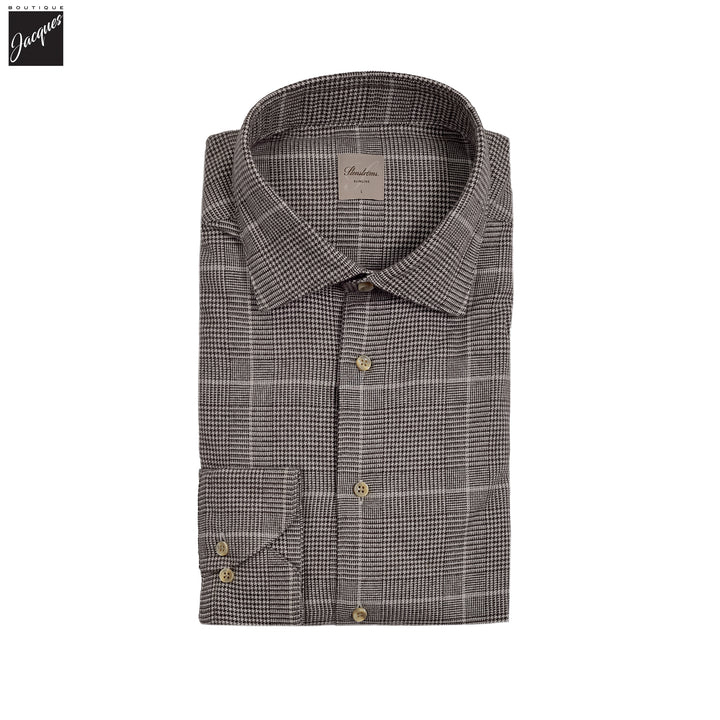 Brown Prince-of-Wales Cotton Flannel Slimline Shirt - Stenströms