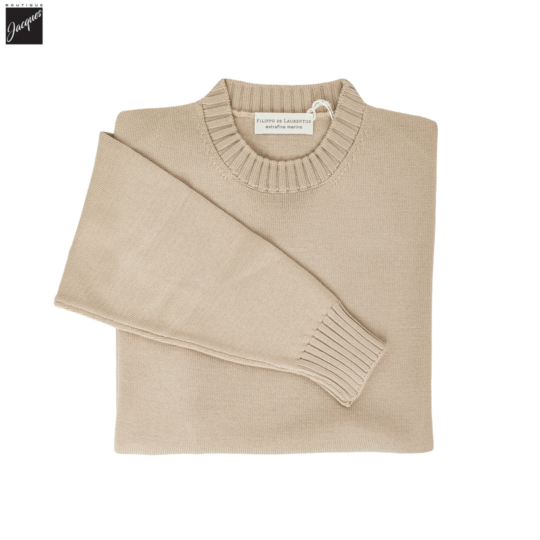 Natural Beige Extrafine Wool Crewneck Sweater - FILIPPO DE LAURENTIIS