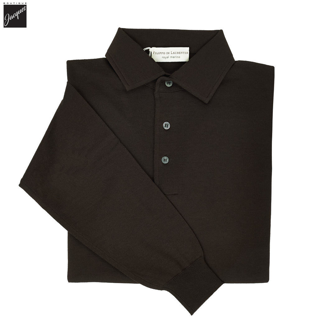 Chocolate Brown Royal Merino Wool Polo One Piece Collar Shirt - FILIPPO DE LAURENTIIS