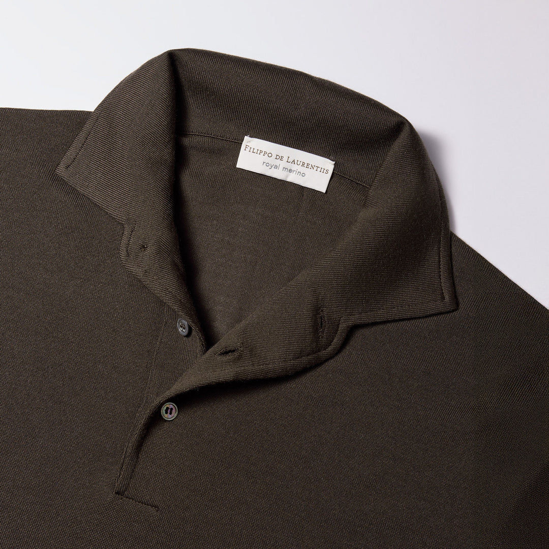 Chocolate Brown Royal Merino Wool Polo One Piece Collar Shirt - FILIPPO DE LAURENTIIS
