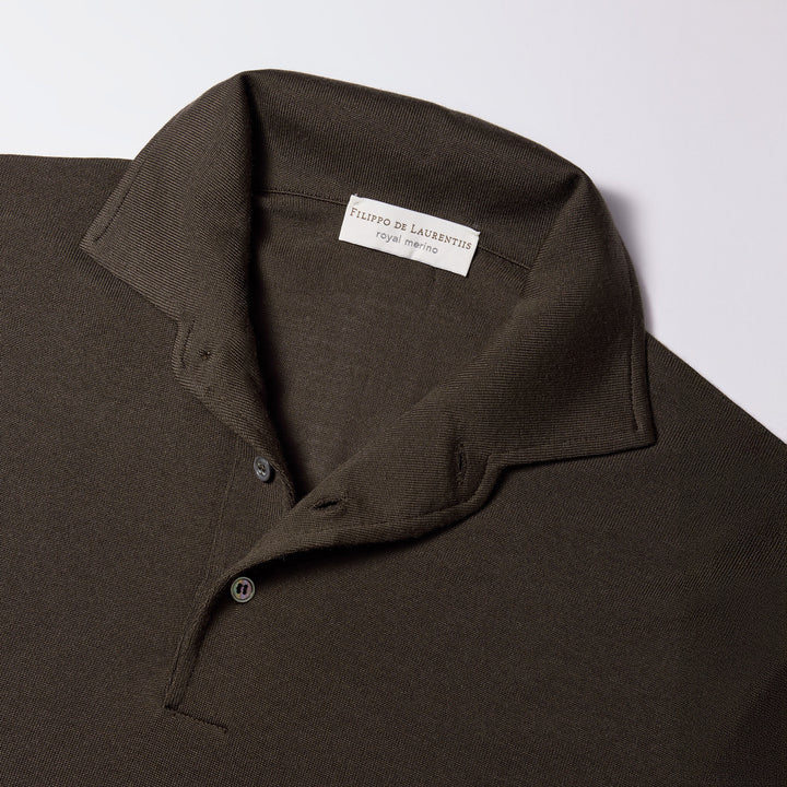 Chocolate Brown Royal Merino Wool Polo One Piece Collar Shirt - FILIPPO DE LAURENTIIS