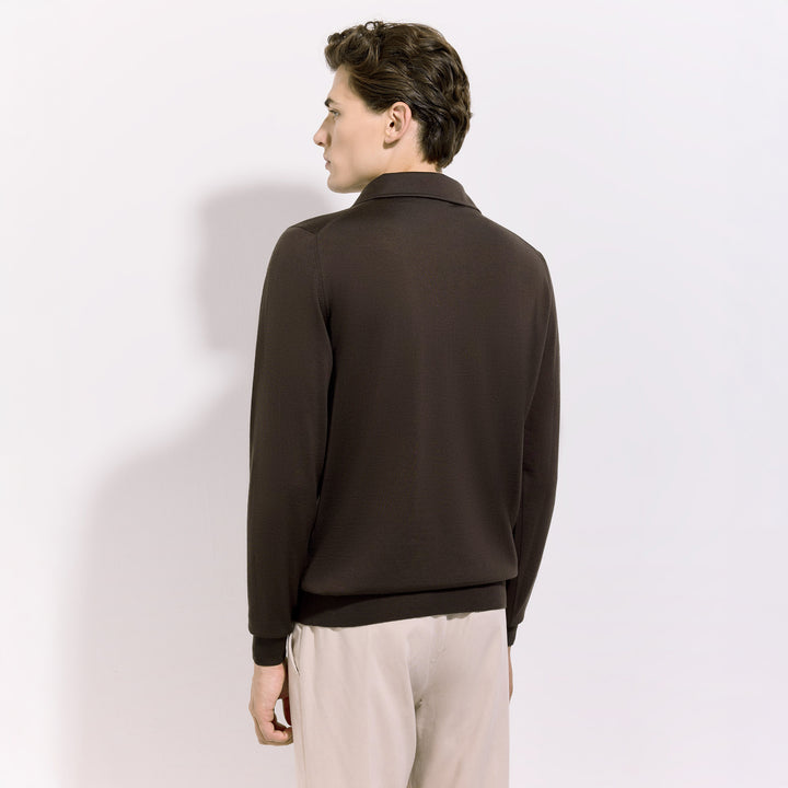 Chocolate Brown Royal Merino Wool Polo One Piece Collar Shirt - FILIPPO DE LAURENTIIS