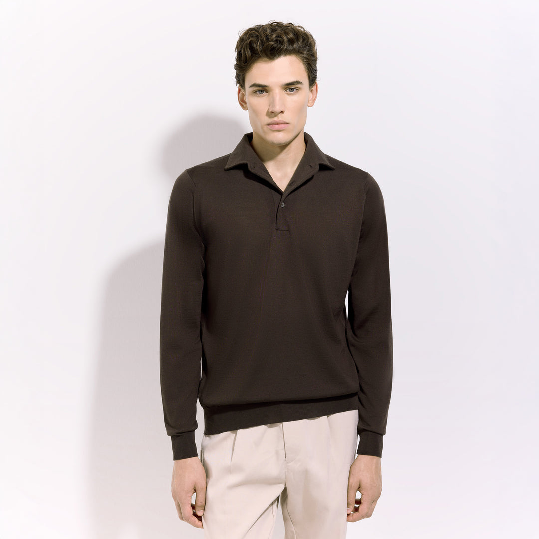 Chocolate Brown Royal Merino Wool Polo One Piece Collar Shirt - FILIPPO DE LAURENTIIS