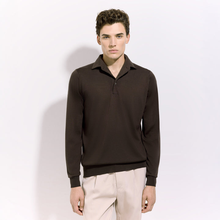 Chocolate Brown Royal Merino Wool Polo One Piece Collar Shirt - FILIPPO DE LAURENTIIS