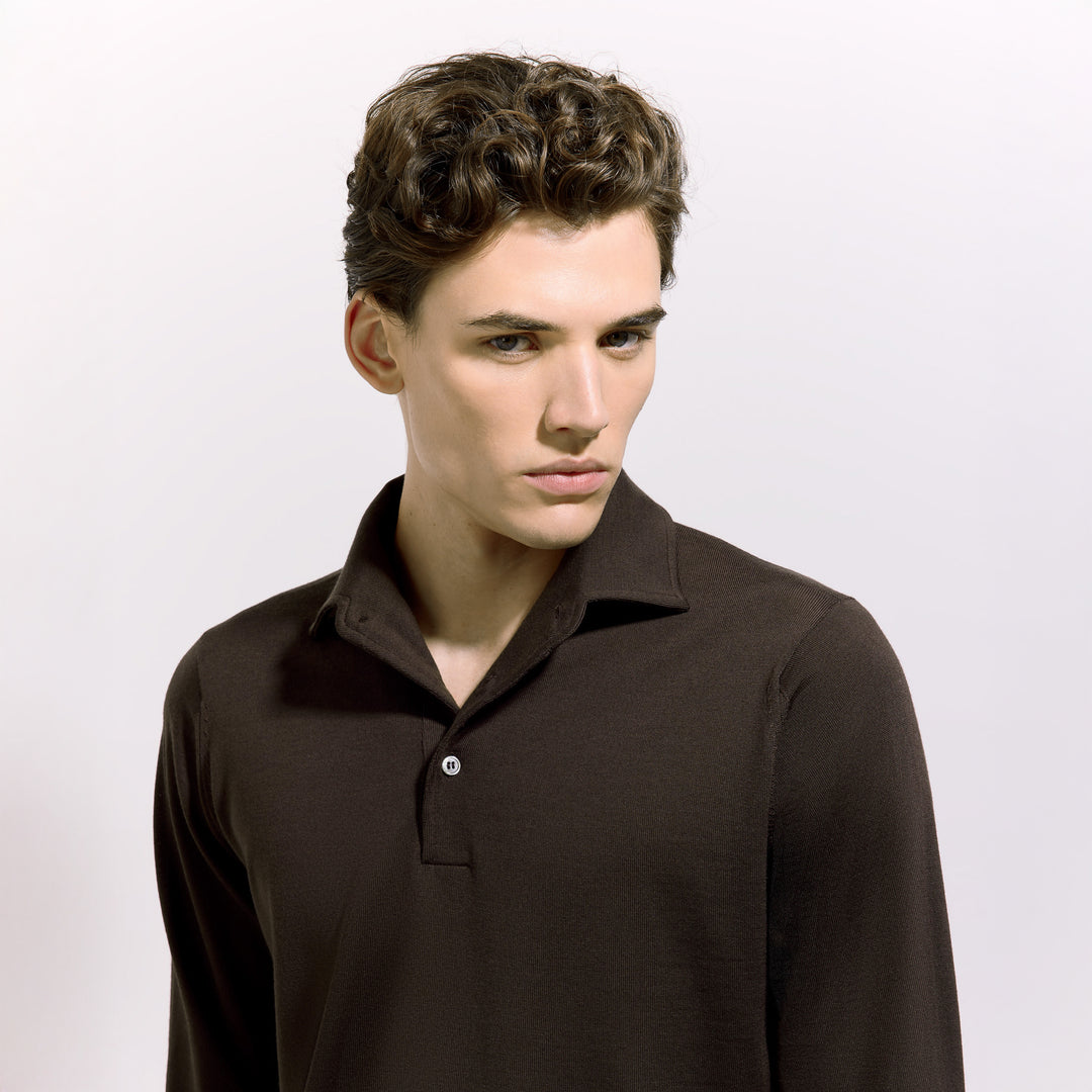 Chocolate Brown Royal Merino Wool Polo One Piece Collar Shirt - FILIPPO DE LAURENTIIS