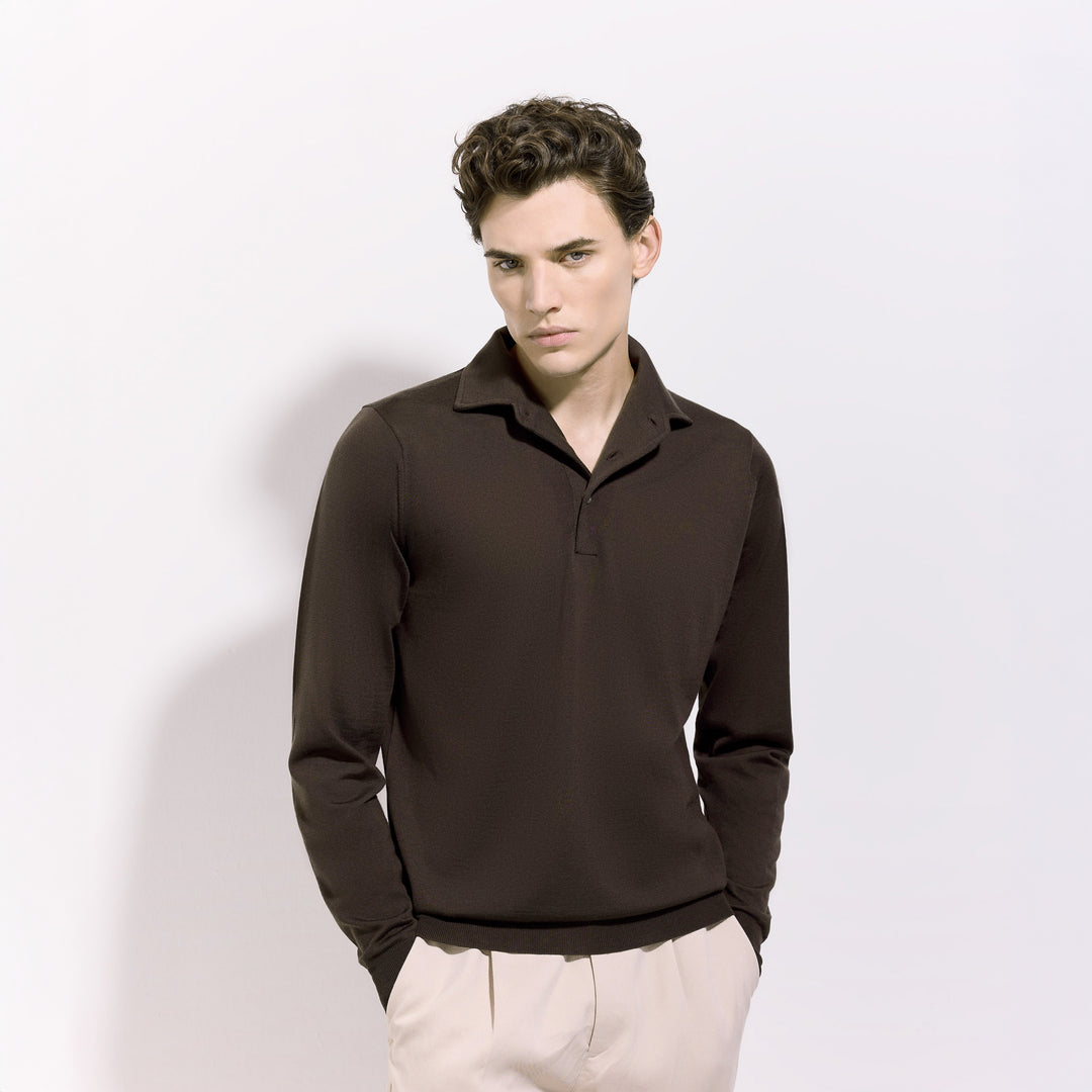 Chocolate Brown Royal Merino Wool Polo One Piece Collar Shirt - FILIPPO DE LAURENTIIS