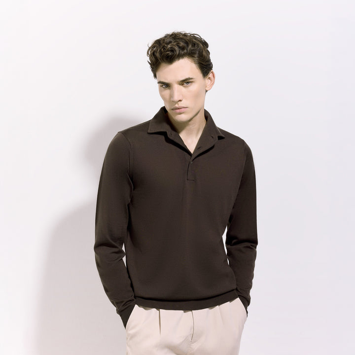 Chocolate Brown Royal Merino Wool Polo One Piece Collar Shirt - FILIPPO DE LAURENTIIS