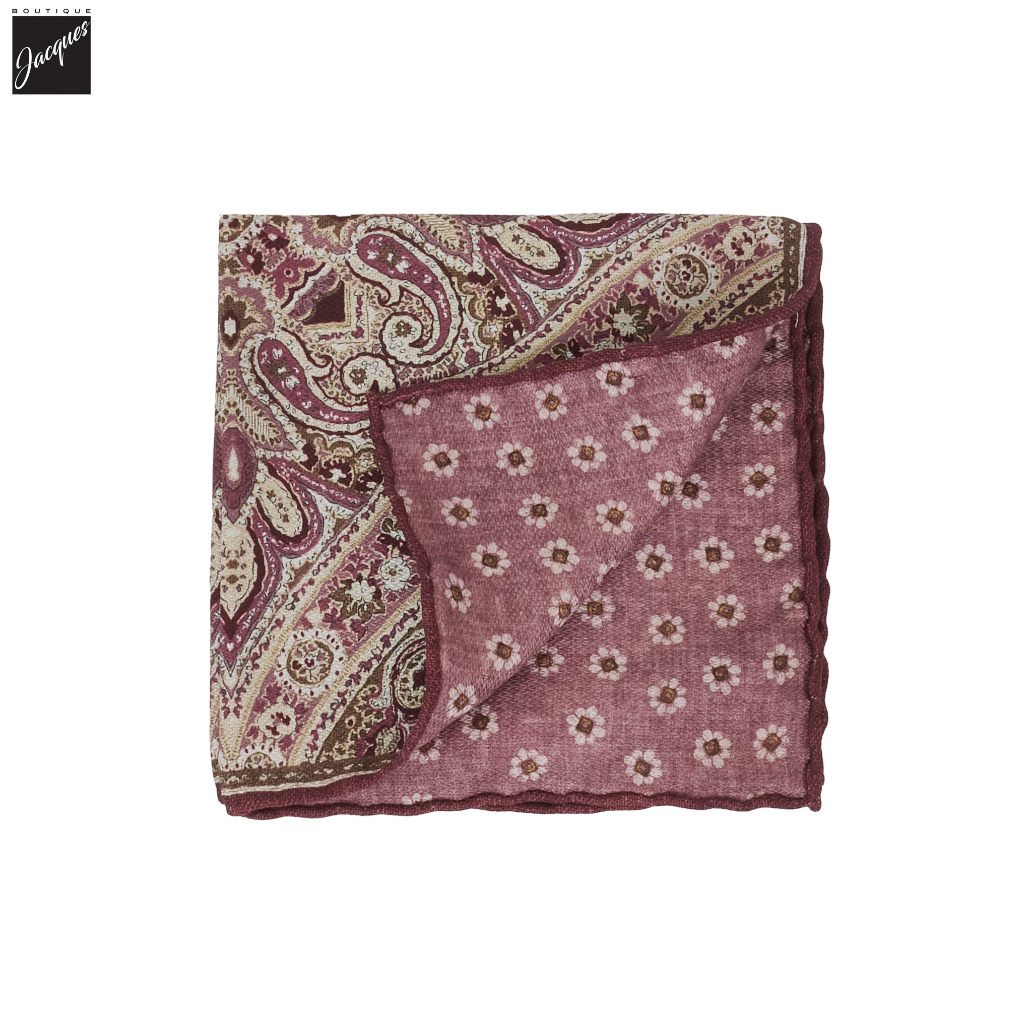 Burgundy & Cream Paisley/Floral Reversible Silk Hankie - Paolo Albizzati