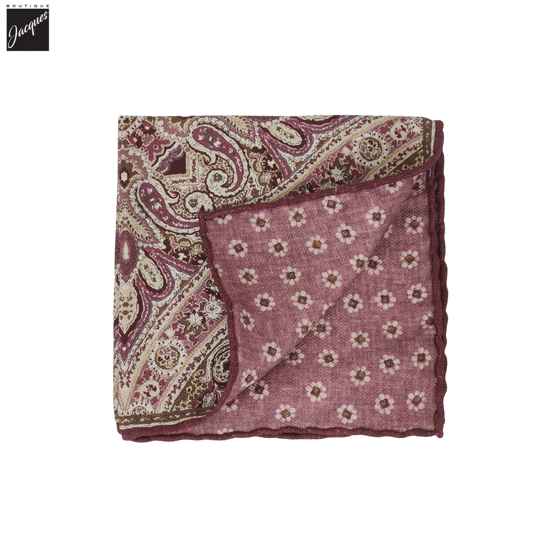 Burgundy & Cream Paisley/Floral Reversible Silk Hankie - Paolo Albizzati