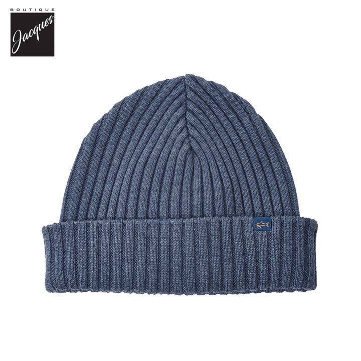 Blue Shark Tag Soft Cool-Touch Wool Ribbed Beanie - Paul & Shark