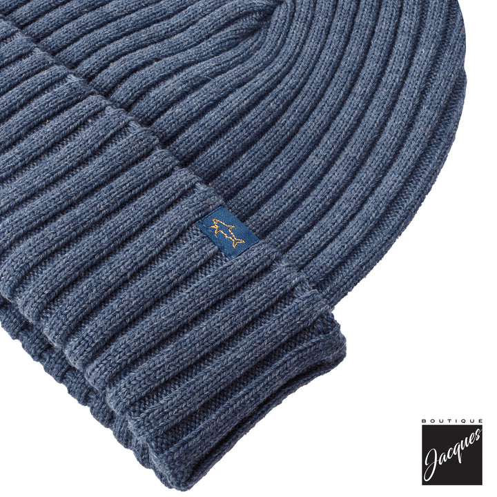 Blue Shark Tag Soft Cool-Touch Wool Ribbed Beanie - Paul & Shark