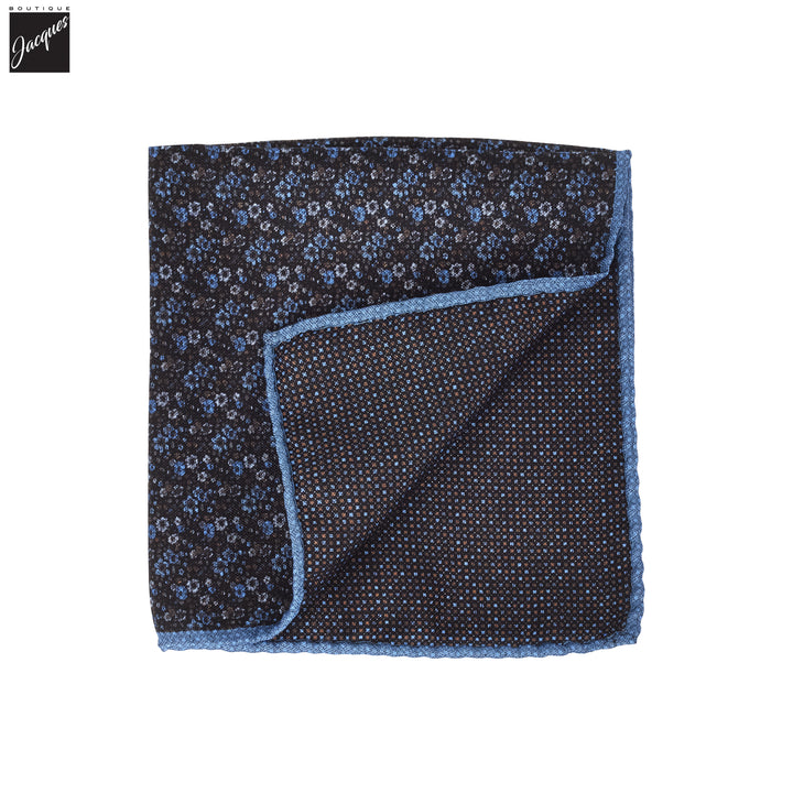 Black & Blue Floral Reversible Silk Pocket Square - DION - Boutique Jacques International