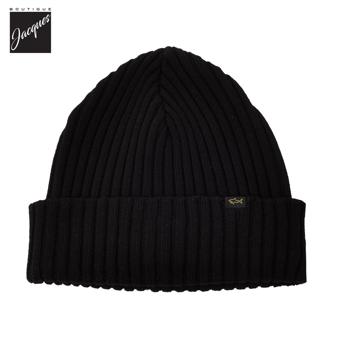 Black Shark Tag Soft Cool-Touch Wool Ribbed Beanie - Paul & Shark