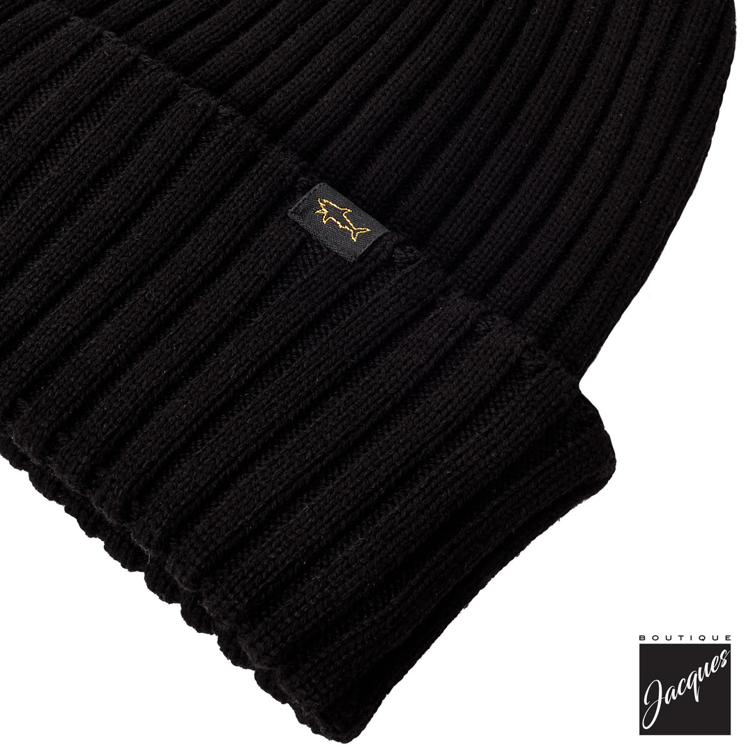 Black Shark Tag Soft Cool-Touch Wool Ribbed Beanie - Paul & Shark