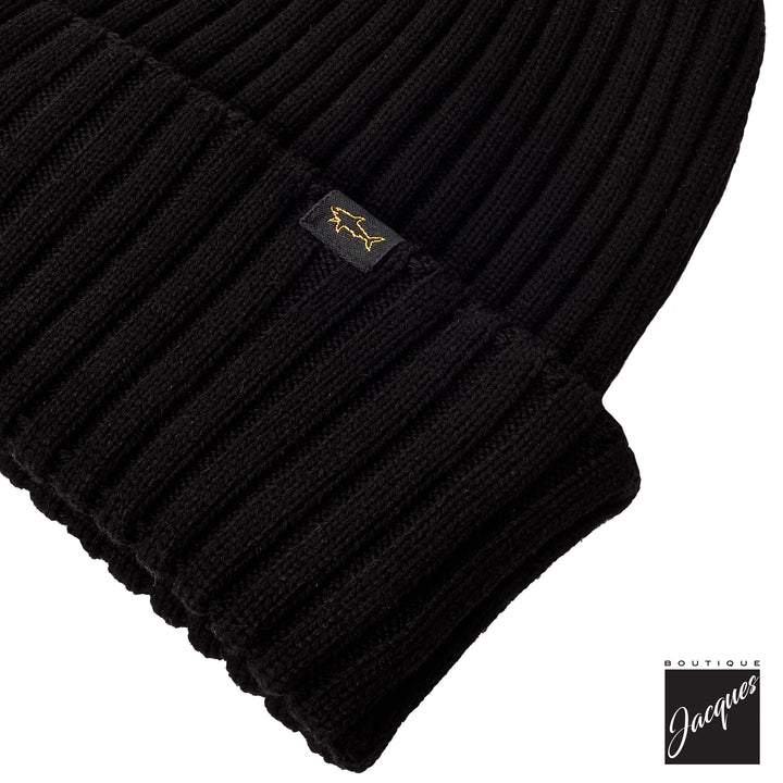 Black Shark Tag Soft Cool-Touch Wool Ribbed Beanie - Paul & Shark