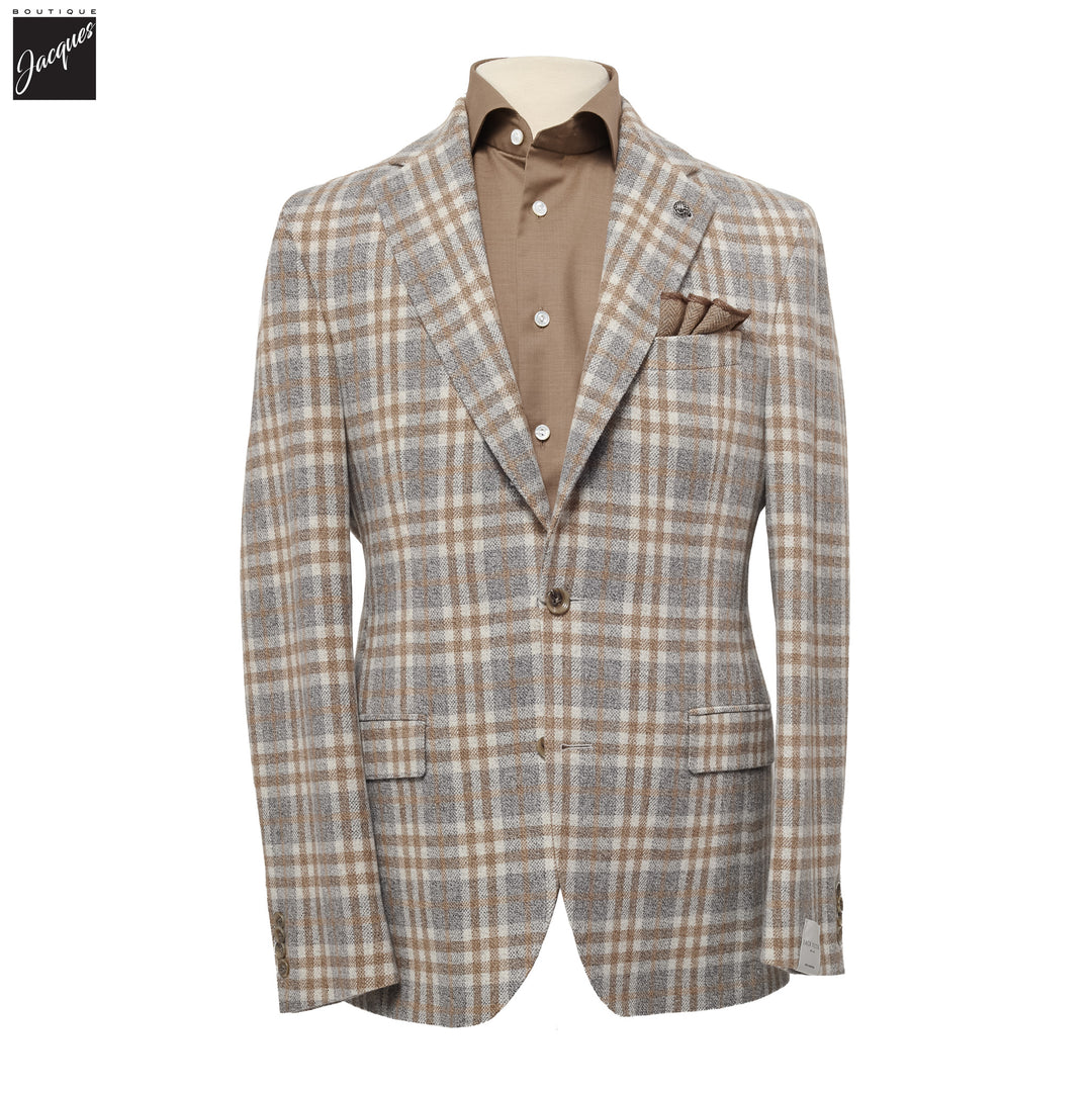 Gray & Camel Check Drago Wool-Cashmere McAllen Contemporary Fit Sport Jacket