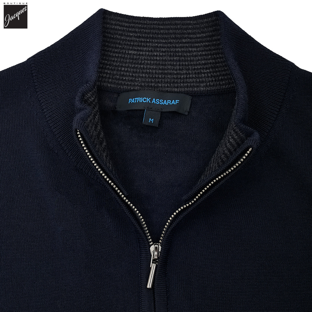 Midnight Blue Merino Full-Zip Mock Neck Sweater - Patrick Assaraf