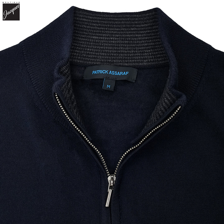 Midnight Blue Merino Full-Zip Mock Neck Sweater - Patrick Assaraf