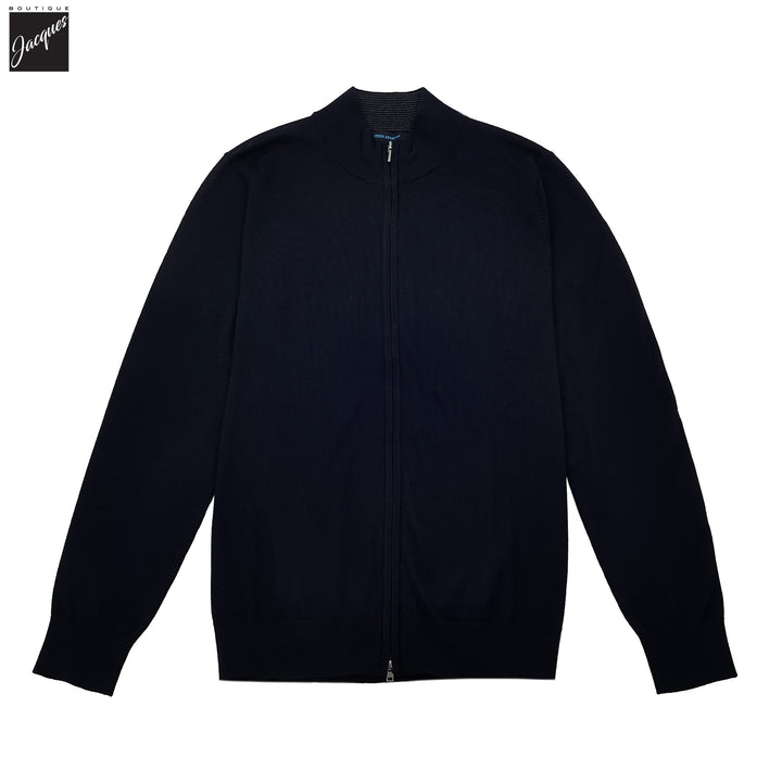 Midnight Blue Merino Full-Zip Mock Neck Sweater - Patrick Assaraf