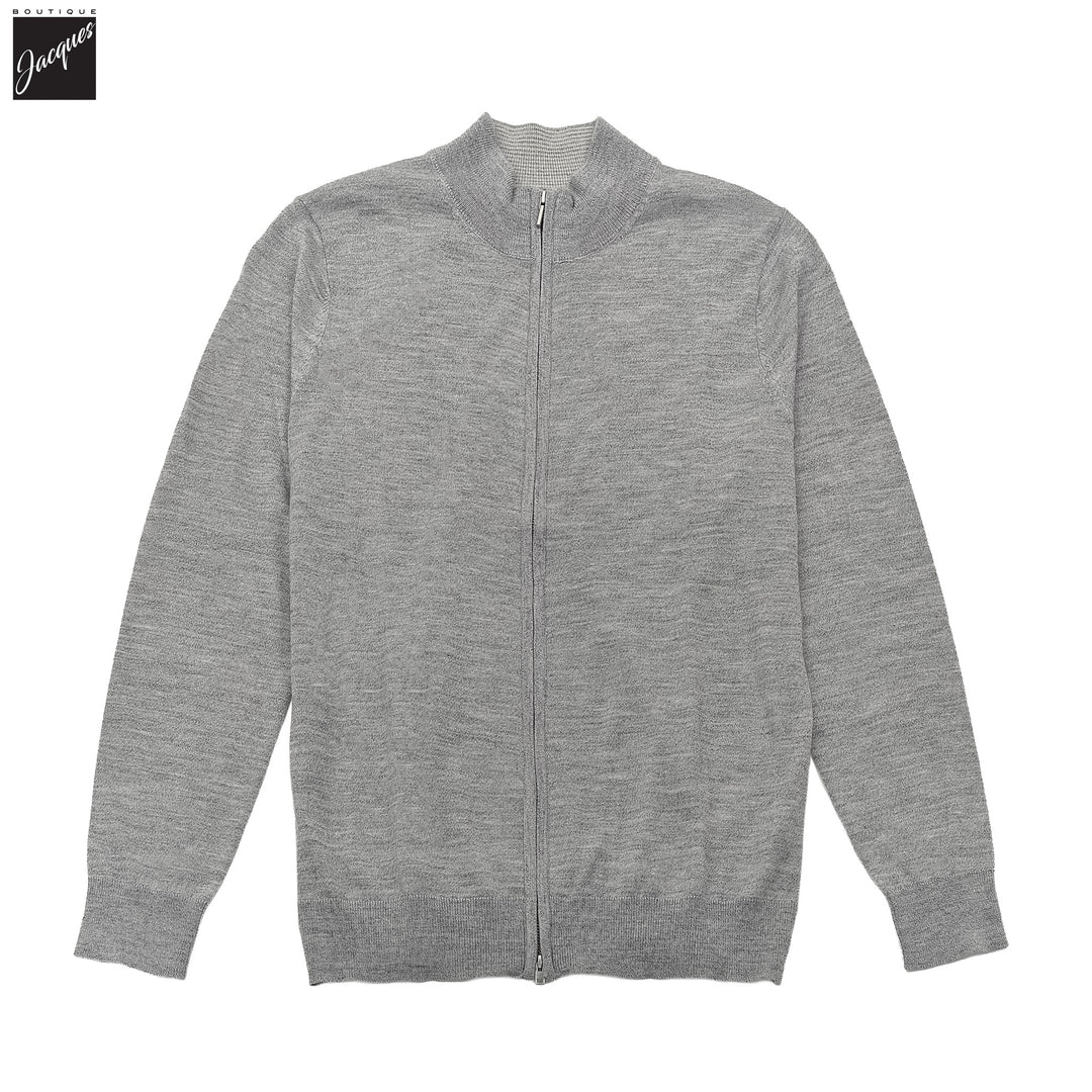 Fog Gray Merino Full-Zip Mock Neck Sweater - Patrick Assaraf