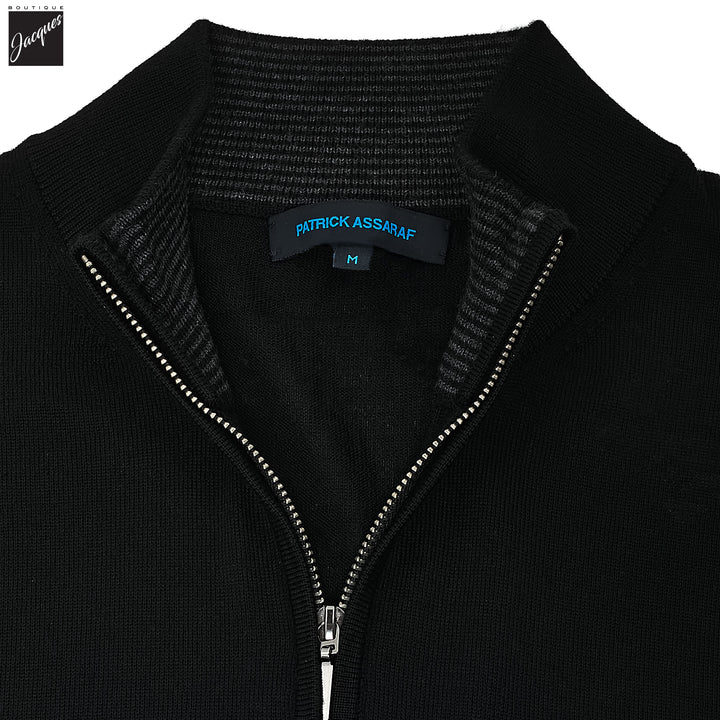 Black Extra-Fine Merino Quarter-Zip Mock Neck Sweater - Patrick Assaraf - Boutique Jacques International