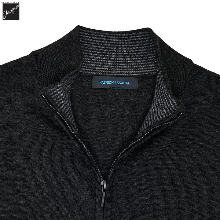 Granite Gray Merino Full-Zip Mock Neck Sweater - Patrick Assaraf