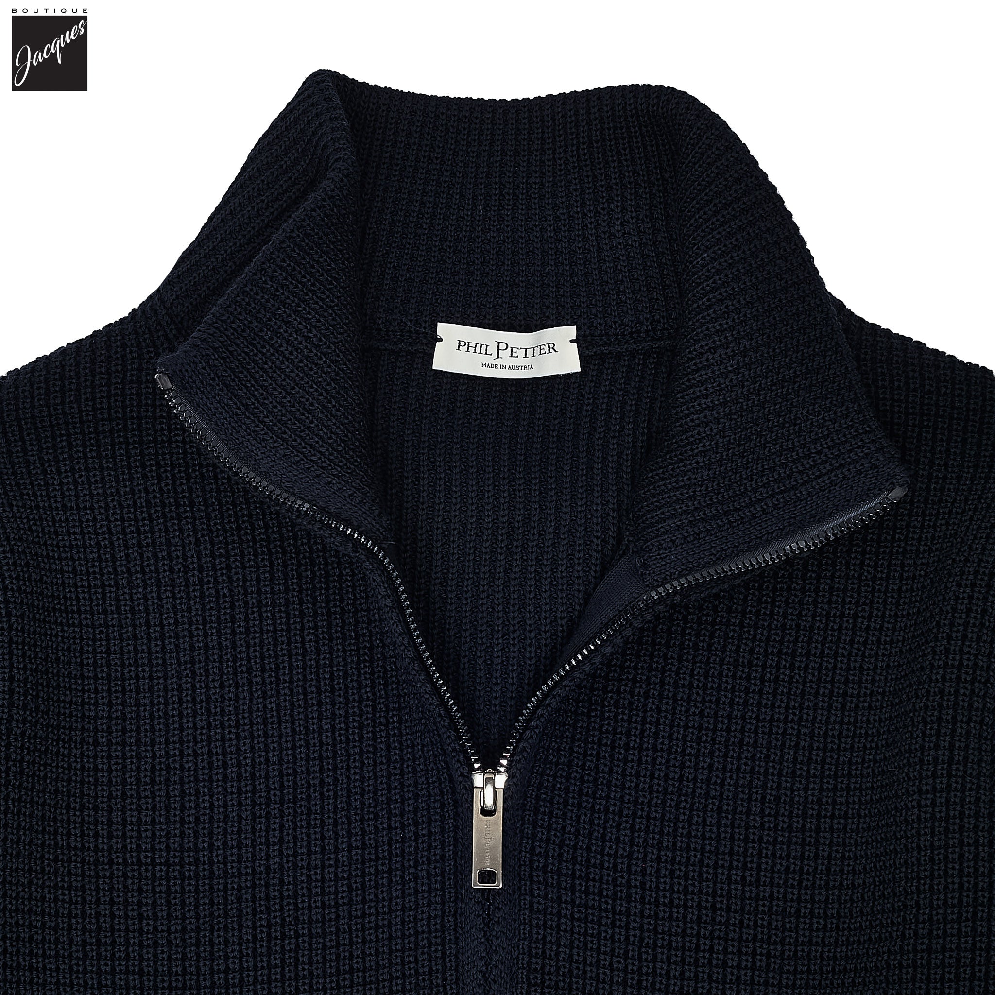 Navy Merino Wool Double Royal Stitch Full-Zip Sweater - Phil Petter