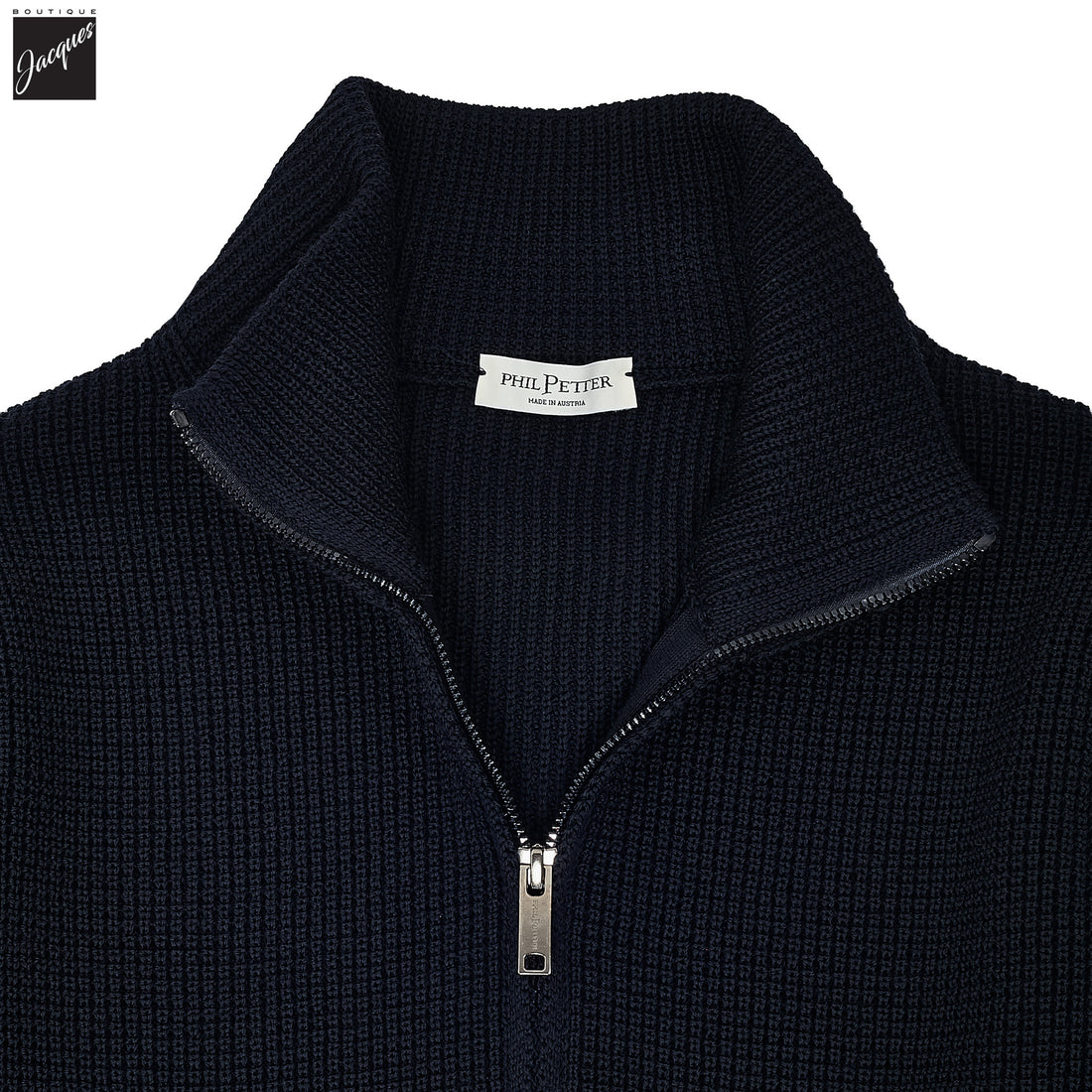 Navy Merino Wool Double Royal Stitch Full-Zip Sweater - Phil Petter