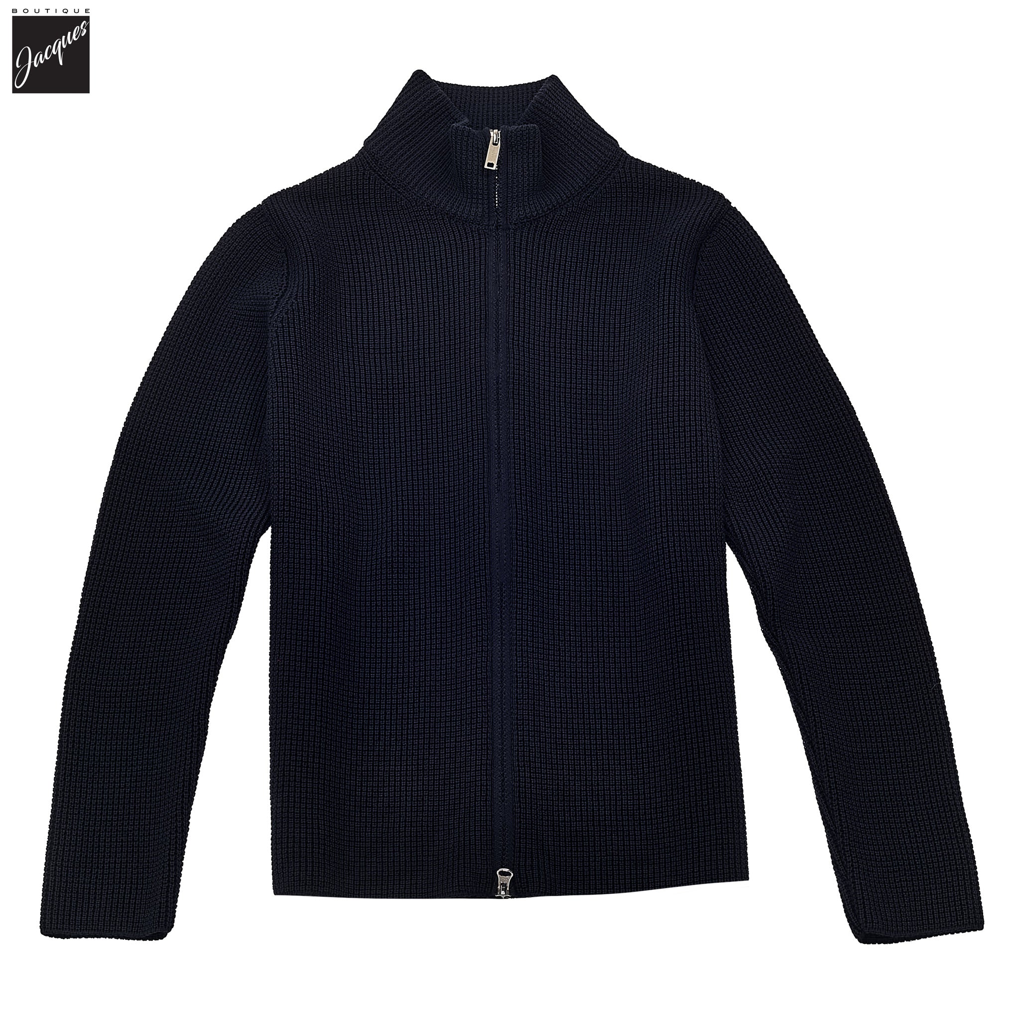 Navy Merino Wool Double Royal Stitch Full-Zip Sweater - Phil Petter