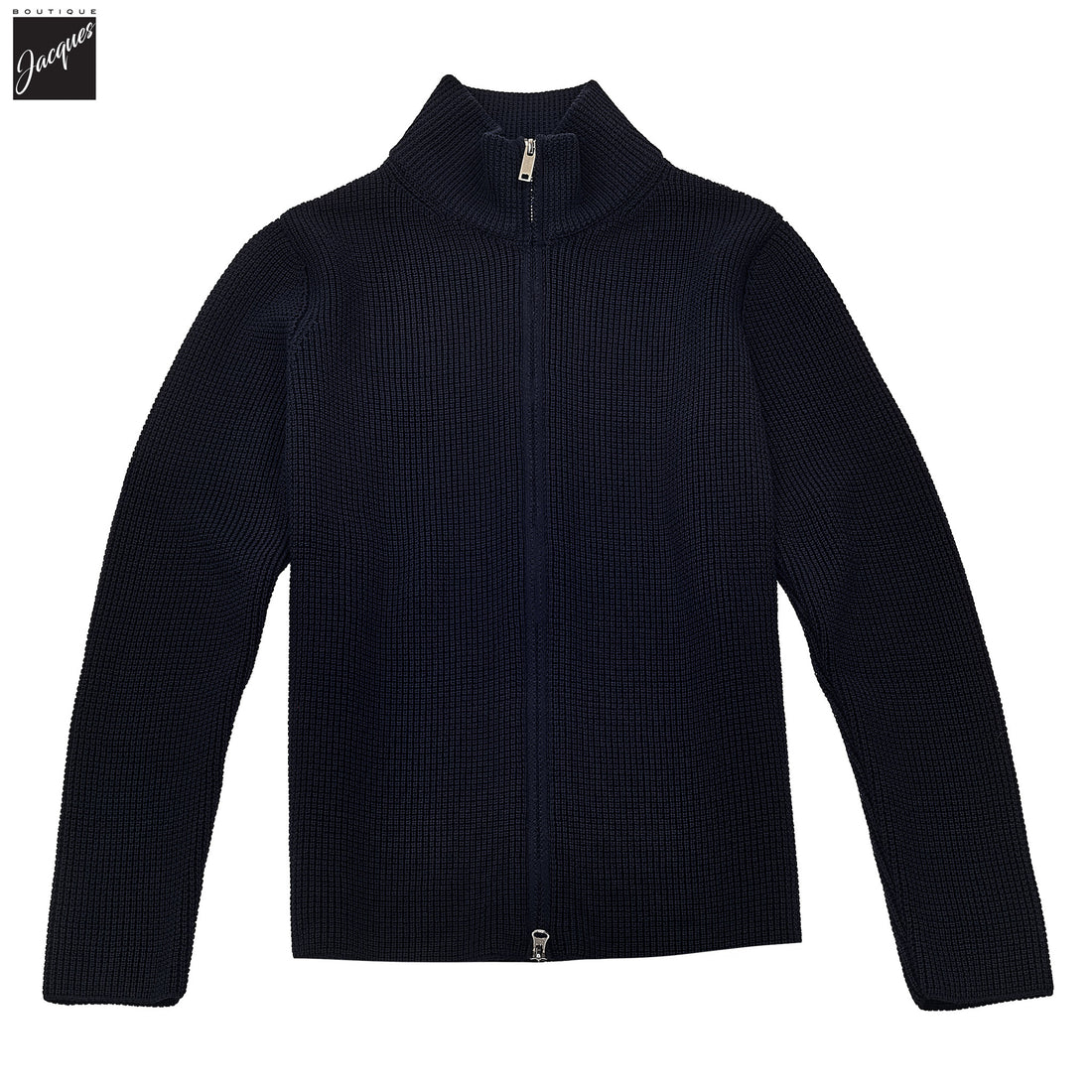 Navy Merino Wool Double Royal Stitch Full-Zip Sweater - Phil Petter
