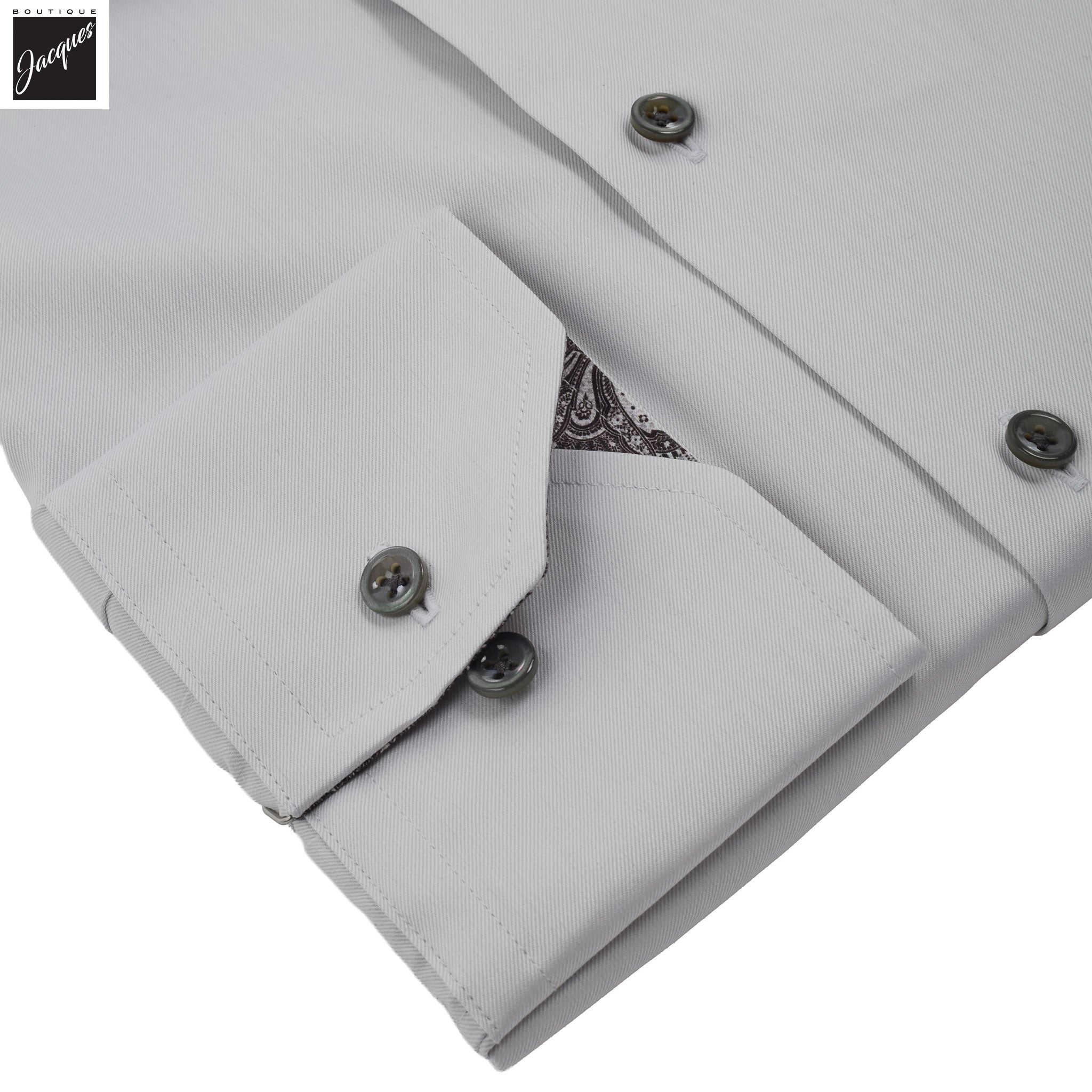 Gray w/ Contrast Trim Cotton Twill Regular Fit Dress Shirt - Stenströms