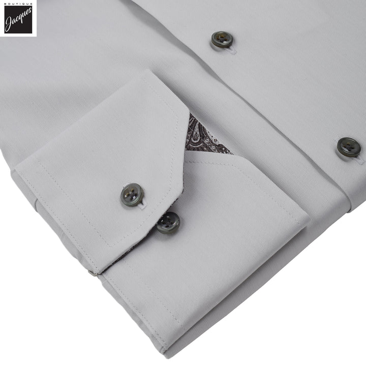 Gray w/ Contrast Trim Cotton Twill Regular Fit Dress Shirt - Stenströms