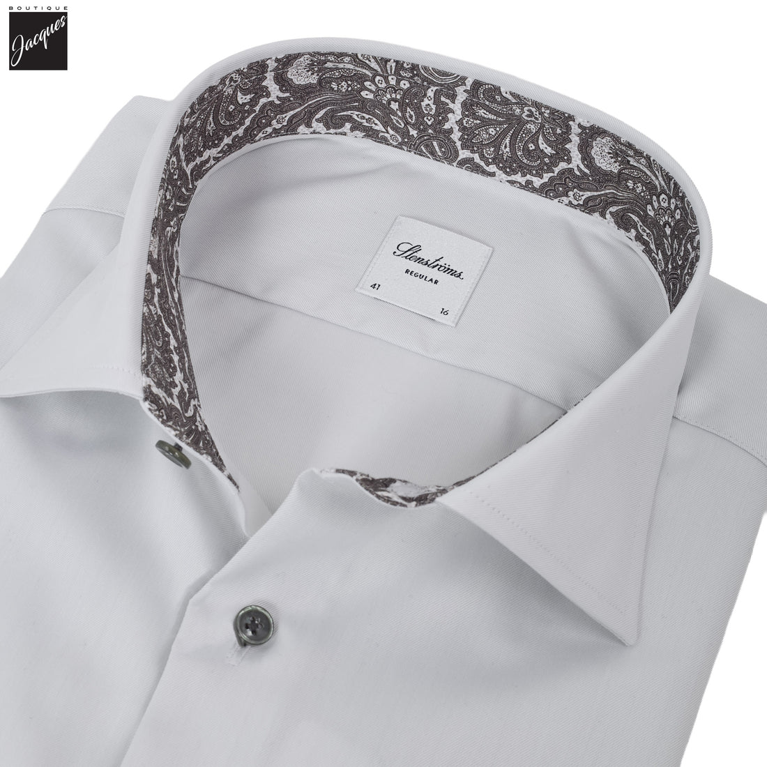 Gray w/ Contrast Trim Cotton Twill Regular Fit Dress Shirt - Stenströms